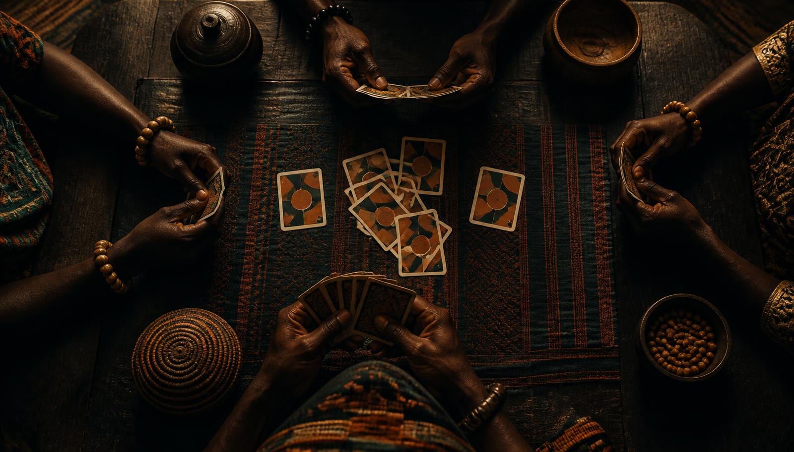 Friends enjoying a game of Matatu cards around a wooden table